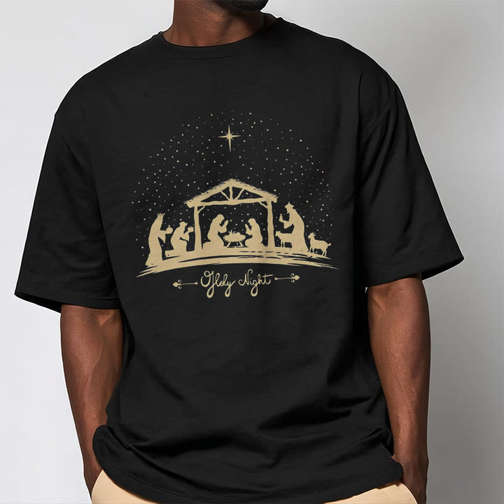 Christianartworkshop Modern Style Nativity Scene Holy Night Silhouett Short Sleeve Washed T-shirt