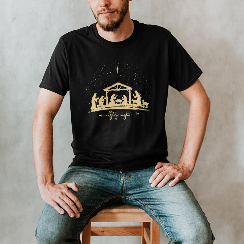 Christianartworkshop Modern Style Nativity Scene Holy Night Silhouett Short Sleeve Washed T-shirt