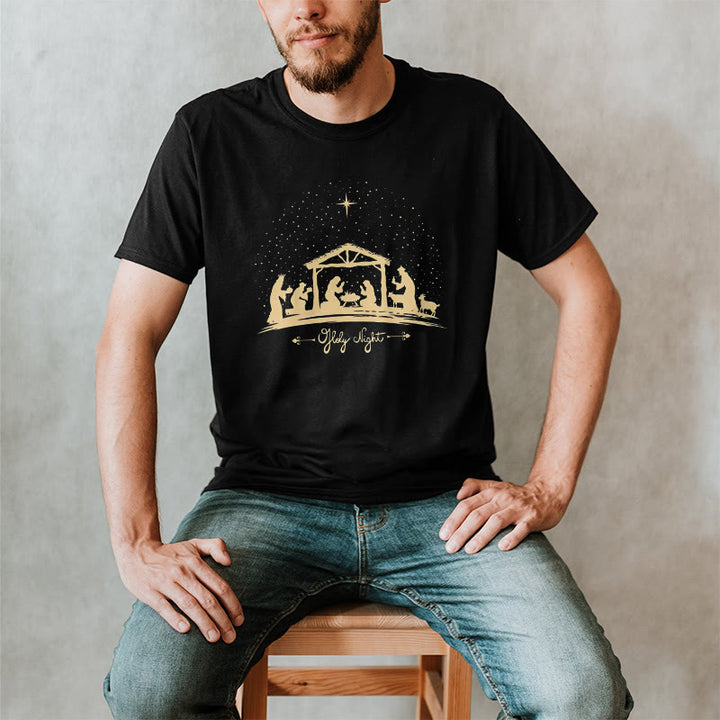 Christianartworkshop Modern Style Nativity Scene Holy Night Silhouett Short Sleeve Washed T-shirt