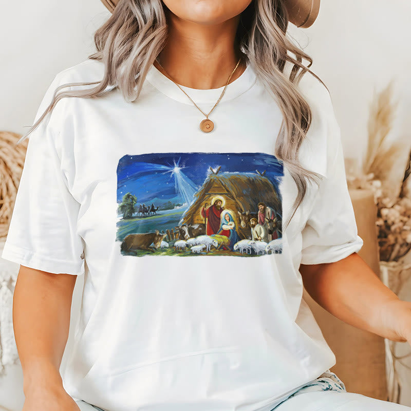 Christianartworkshop Colored Style Star Of Bethlehem Nativity Scene Short Sleeve T-shirt - image 1
