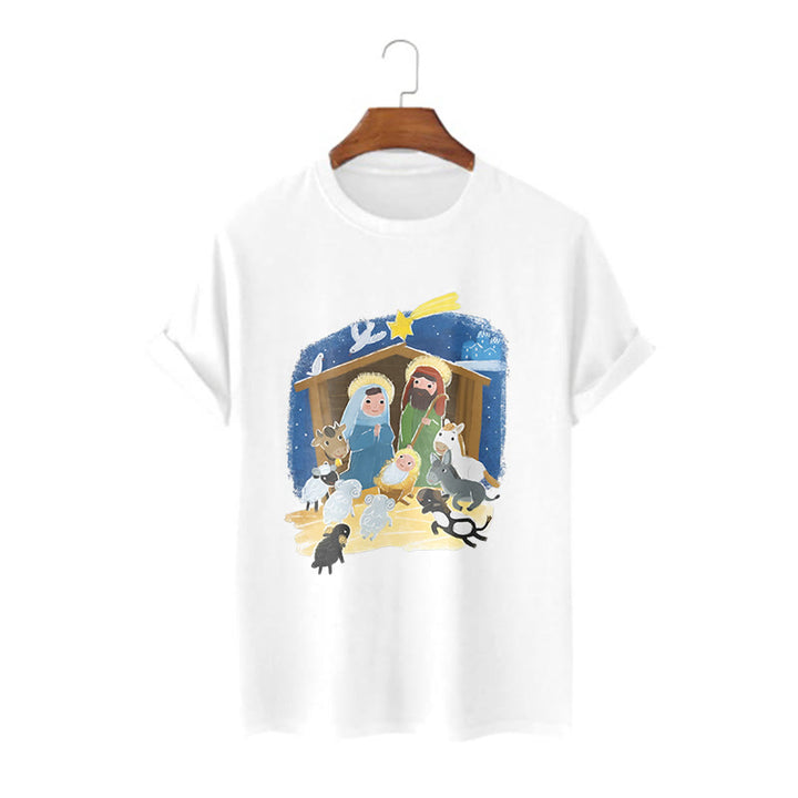 Christianartworkshop Colored Style Cartoon Nativity Scene Graphic Short Sleeve Washed T-shirt