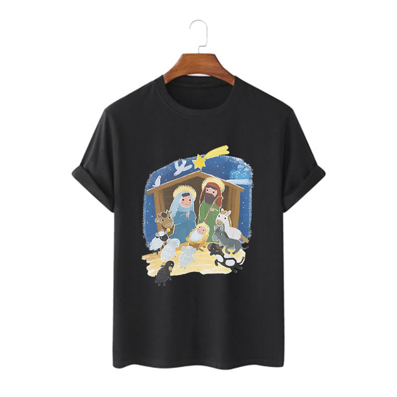 Christianartworkshop Colored Style Cartoon Nativity Scene Graphic Short Sleeve Washed T-shirt