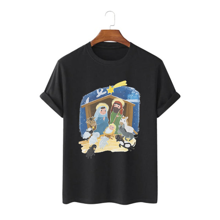 Christianartworkshop Colored Style Cartoon Nativity Scene Graphic Short Sleeve Washed T-shirt