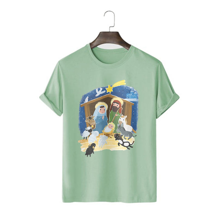 Christianartworkshop Colored Style Cartoon Nativity Scene Graphic Short Sleeve Washed T-shirt