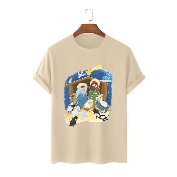 Christianartworkshop Colored Style Cartoon Nativity Scene Graphic Short Sleeve Washed T-shirt