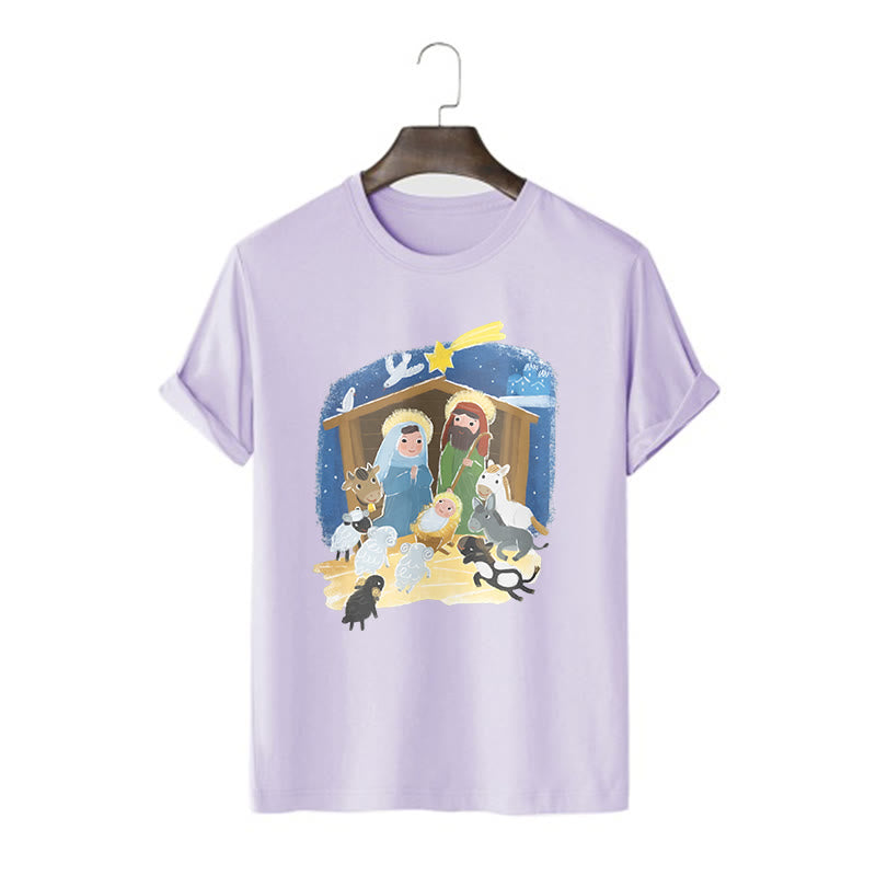 Christianartworkshop Colored Style Cartoon Nativity Scene Graphic Short Sleeve Washed T-shirt