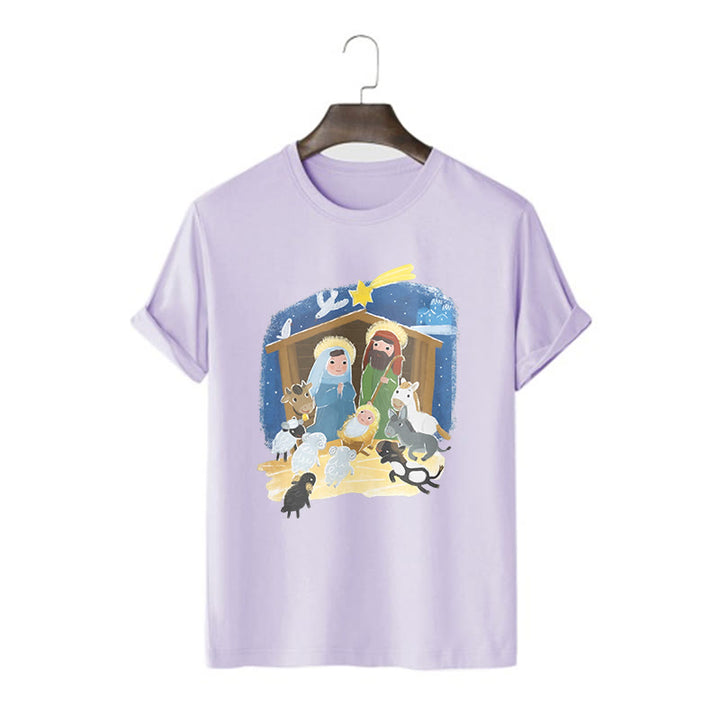 Christianartworkshop Colored Style Cartoon Nativity Scene Graphic Short Sleeve Washed T-shirt