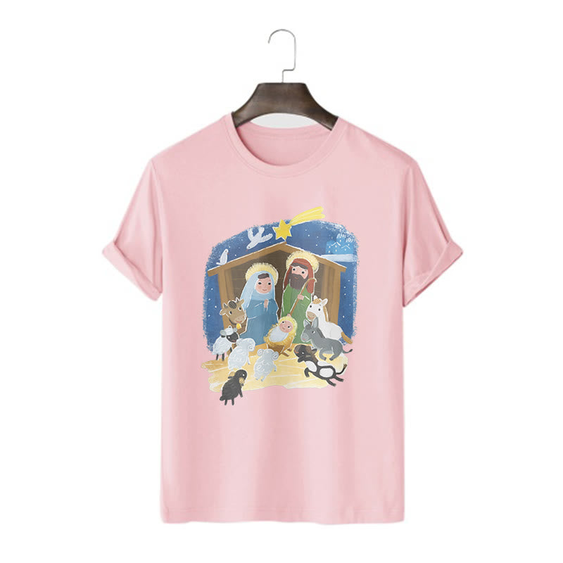 Christianartworkshop Colored Style Cartoon Nativity Scene Graphic Short Sleeve Washed T-shirt