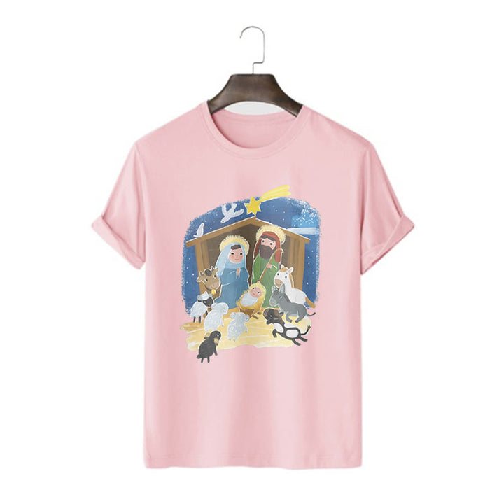 Christianartworkshop Colored Style Cartoon Nativity Scene Graphic Short Sleeve Washed T-shirt