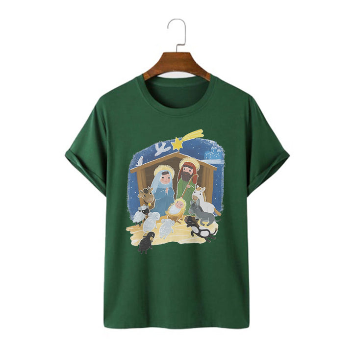 Christianartworkshop Colored Style Cartoon Nativity Scene Graphic Short Sleeve Washed T-shirt