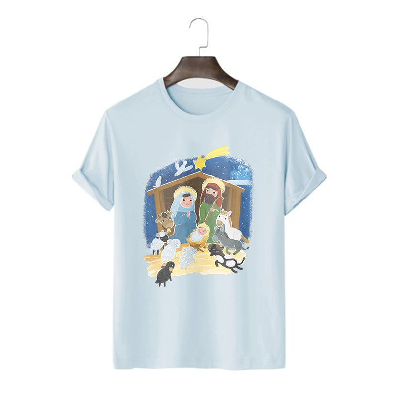 Christianartworkshop Colored Style Cartoon Nativity Scene Graphic Short Sleeve Washed T-shirt