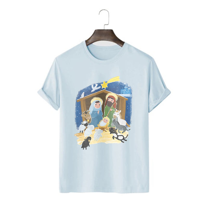 Christianartworkshop Colored Style Cartoon Nativity Scene Graphic Short Sleeve Washed T-shirt