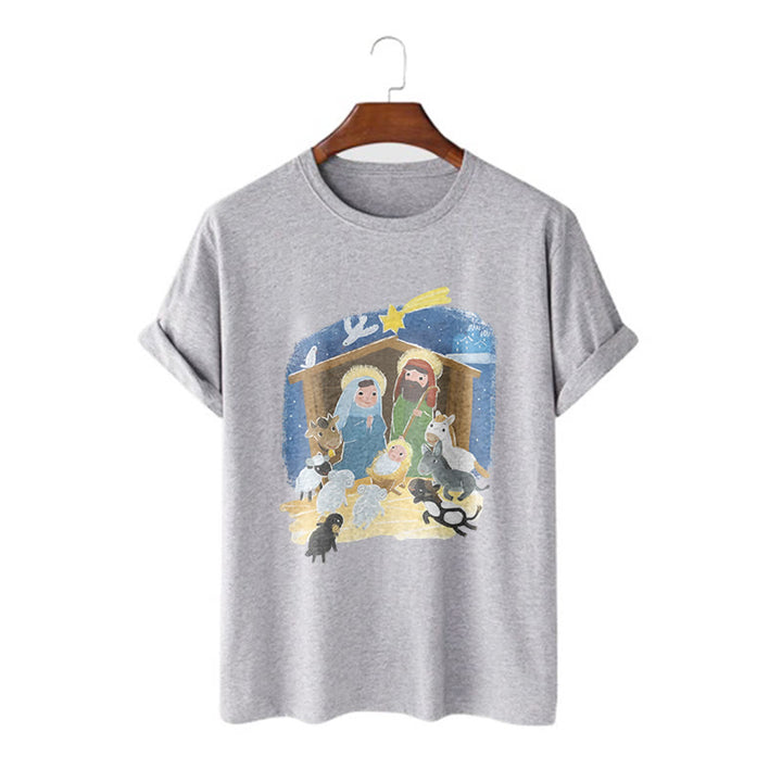 Christianartworkshop Colored Style Cartoon Nativity Scene Graphic Short Sleeve Washed T-shirt