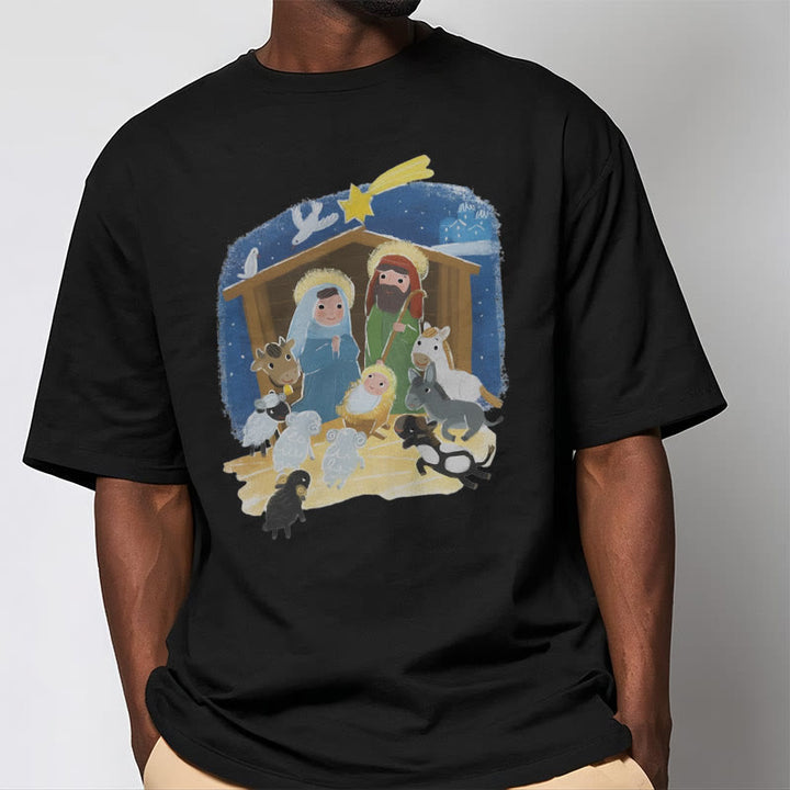 Christianartworkshop Colored Style Cartoon Nativity Scene Graphic Short Sleeve Washed T-shirt