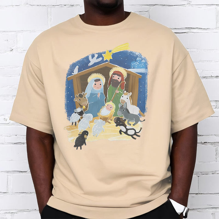 Christianartworkshop Colored Style Cartoon Nativity Scene Graphic Short Sleeve Washed T-shirt