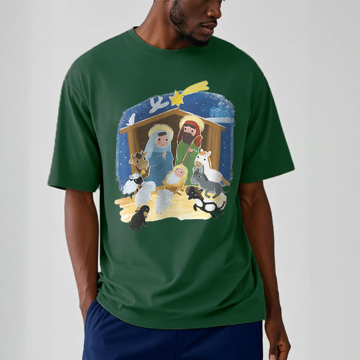 Christianartworkshop Colored Style Cartoon Nativity Scene Graphic Short Sleeve Washed T-shirt