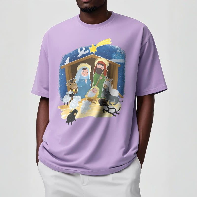 Christianartworkshop Colored Style Cartoon Nativity Scene Graphic Short Sleeve Washed T-shirt