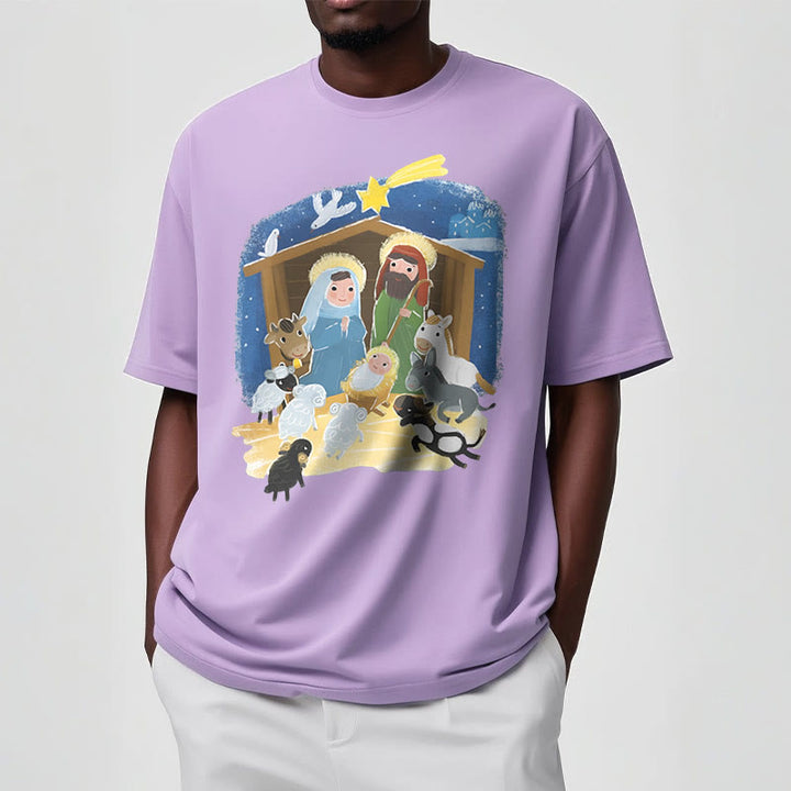 Christianartworkshop Colored Style Cartoon Nativity Scene Graphic Short Sleeve Washed T-shirt
