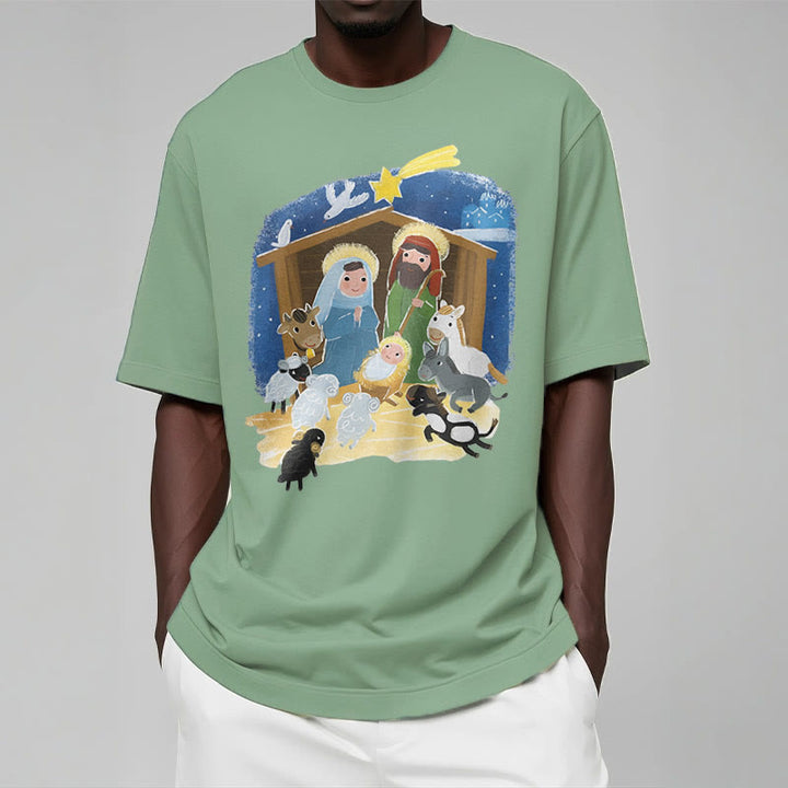 Christianartworkshop Colored Style Cartoon Nativity Scene Graphic Short Sleeve Washed T-shirt