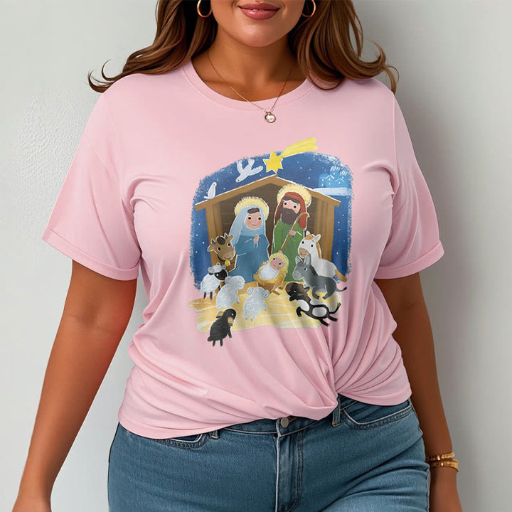 Christianartworkshop Colored Style Cartoon Nativity Scene Graphic Short Sleeve Washed T-shirt
