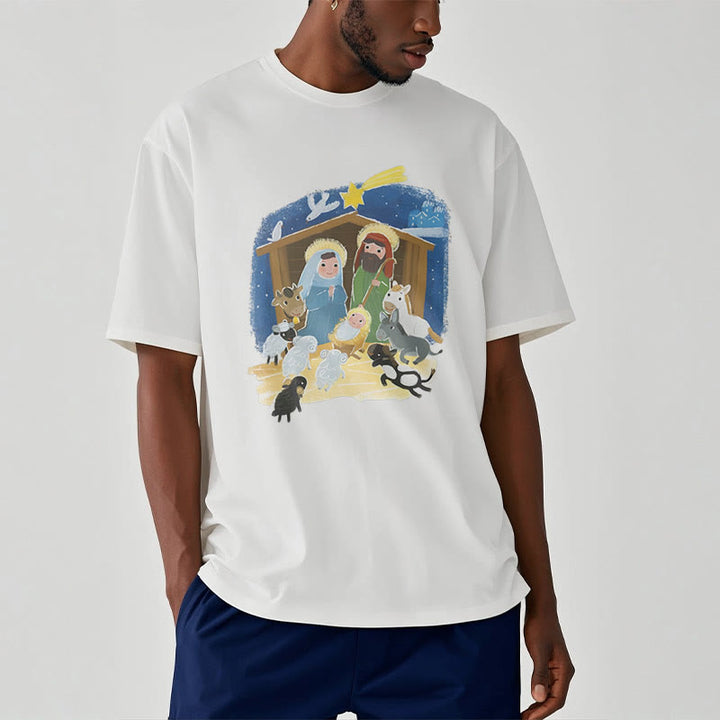 Christianartworkshop Colored Style Cartoon Nativity Scene Graphic Short Sleeve Washed T-shirt