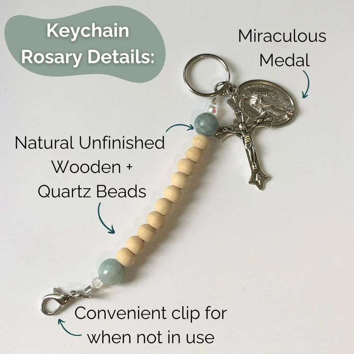 Christianartworkshop Miraculous Medal & Crucifix of 6 mm Round Beige Natural Wood Nylon Cord Keychain Rosary