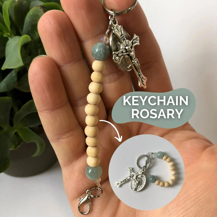 Christianartworkshop Miraculous Medal & Crucifix of 6 mm Round Beige Natural Wood Nylon Cord Keychain Rosary