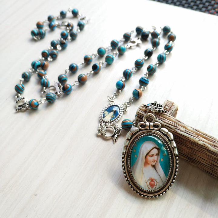 Christianartworkshop Miraculous Medal & Crucifix of 6 mm Round Green Malachite Alloy Chain Rosary