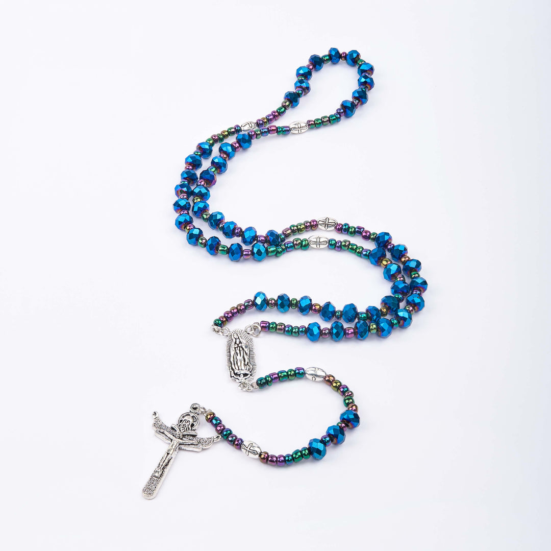 FREE Today: Our Lady of Guadalupe & Trinity Cross of 4*6 mm Polyhedron Blue Crystal Nylon Cord Rosary