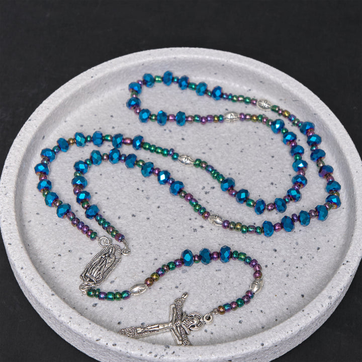 Christianartworkshop Our Lady of Guadalupe & Trinity Cross of 4*6 mm Polyhedron Blue Crystal Nylon Cord Rosary