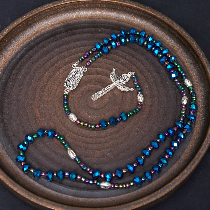 Christianartworkshop Our Lady of Guadalupe & Trinity Cross of 4*6 mm Polyhedron Blue Crystal Nylon Cord Rosary