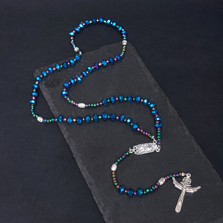 FREE Today: Our Lady of Guadalupe & Trinity Cross of 4*6 mm Polyhedron Blue Crystal Nylon Cord Rosary