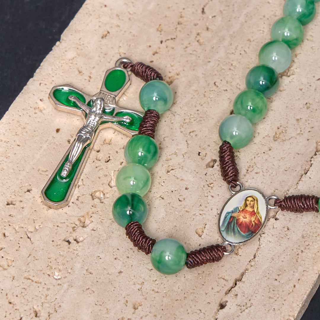 Christianartworkshop Immaculate Heart of Mary & Crucifix of 10 mm Round Green Acrylic Nylon Cord Rosary