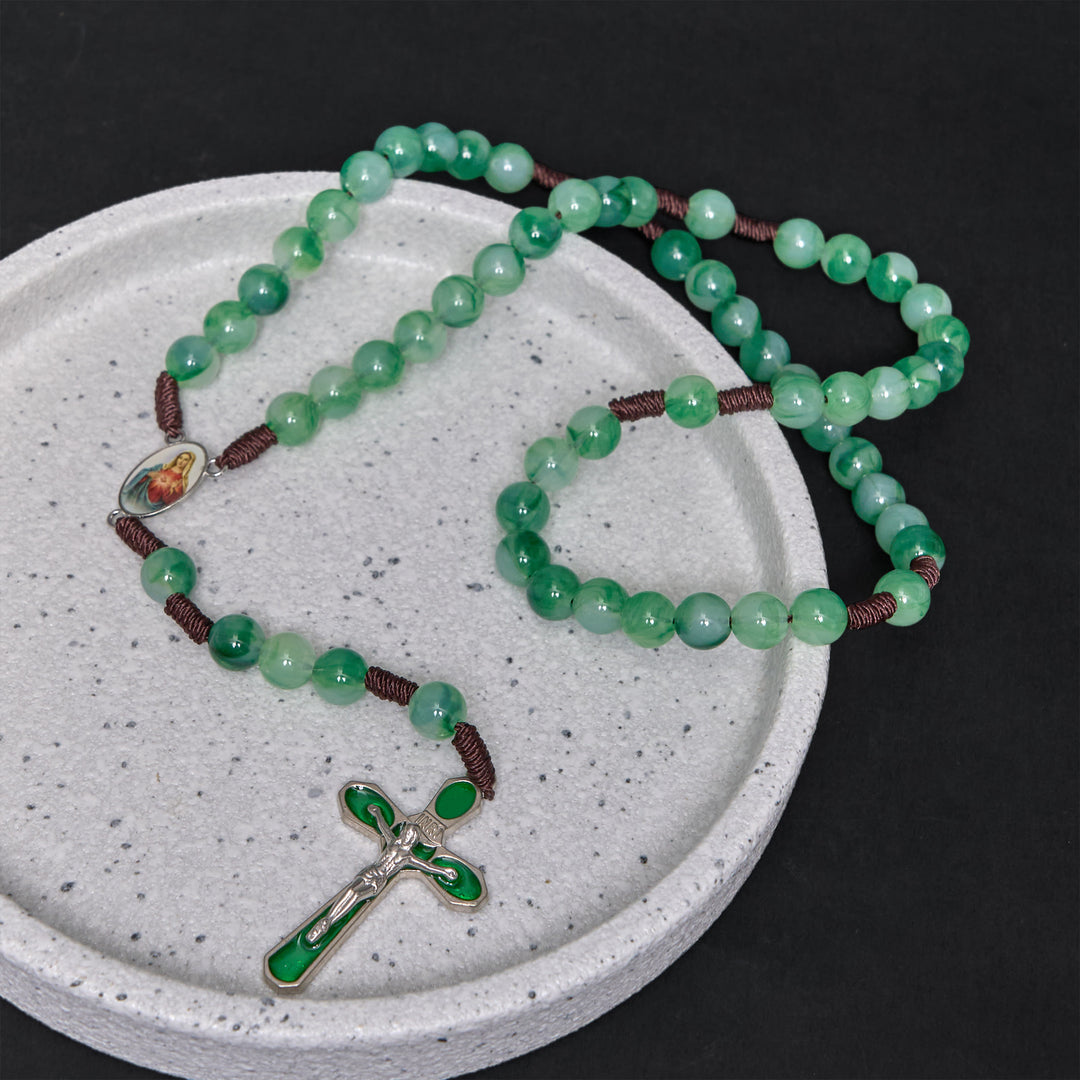 Christianartworkshop Immaculate Heart of Mary & Crucifix of 10 mm Round Green Acrylic Nylon Cord Rosary