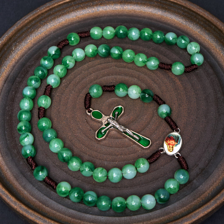 Christianartworkshop Immaculate Heart of Mary & Crucifix of 10 mm Round Green Acrylic Nylon Cord Rosary