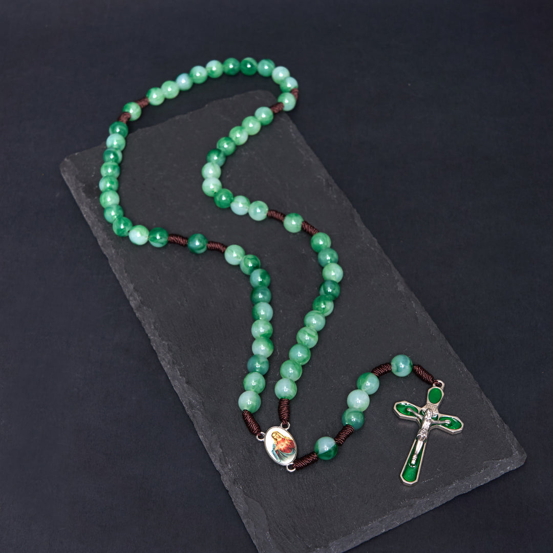 Christianartworkshop Immaculate Heart of Mary & Crucifix of 10 mm Round Green Acrylic Nylon Cord Rosary