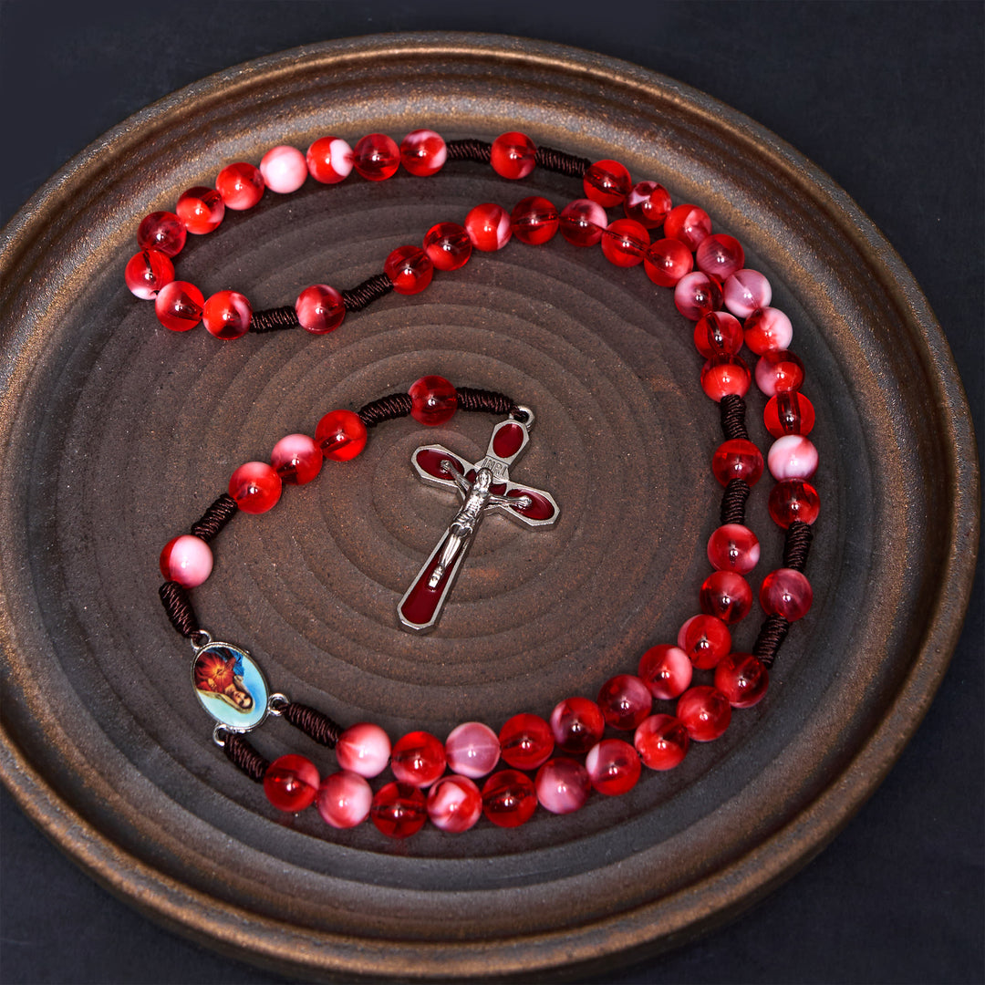 FREE Today: Immaculate Heart of Mary & Crucifix of 10 mm Round Red Acrylic Nylon Cord Rosary