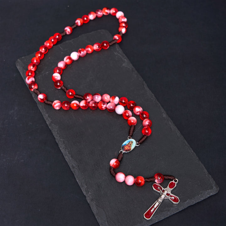 FREE Today: Immaculate Heart of Mary & Crucifix of 10 mm Round Red Acrylic Nylon Cord Rosary