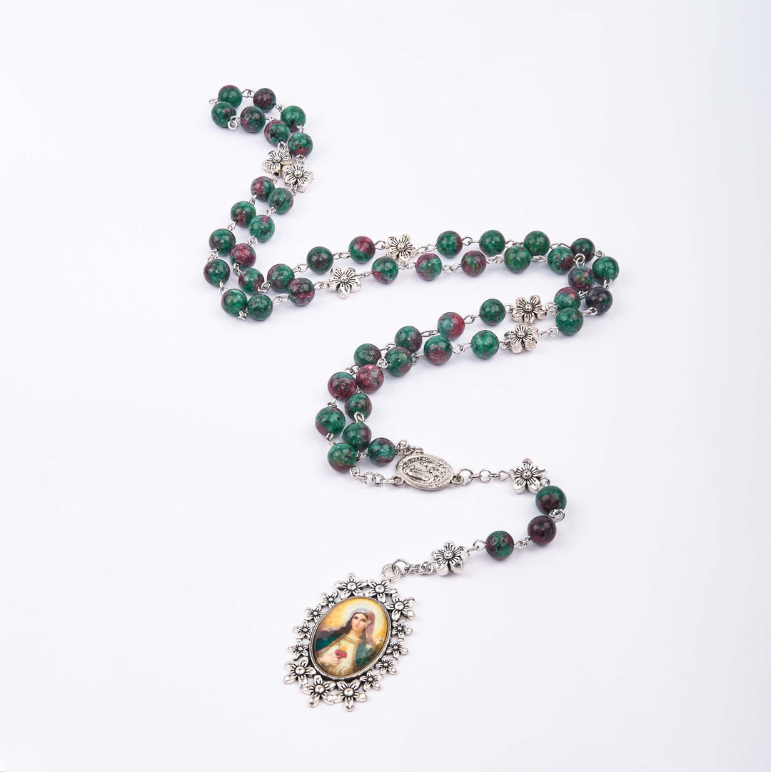 FREE Today: Our Lady of Fátima & Immaculate Heart of Mary of 8 mm Round Green Natural Stone Alloy Chain Rosary