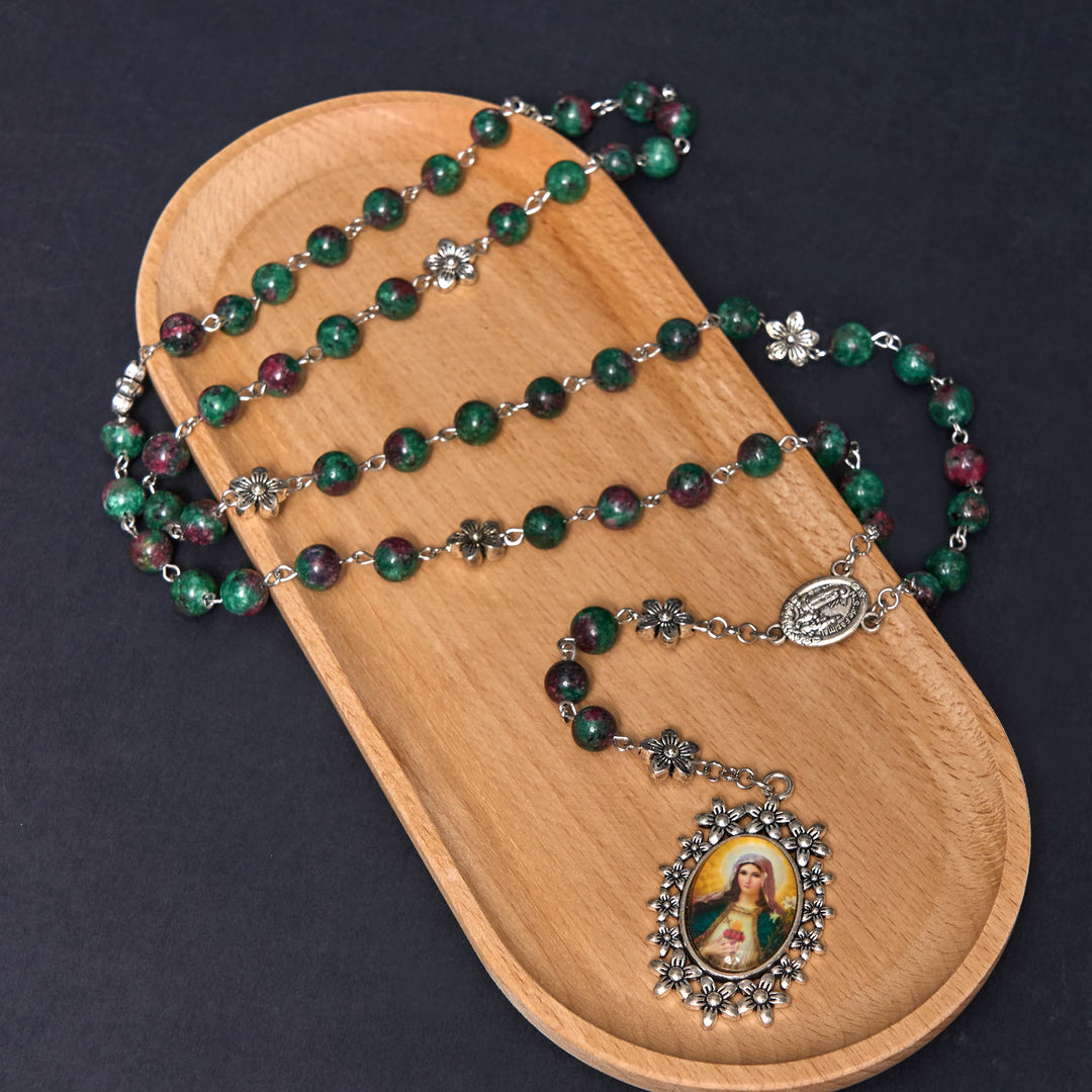 FREE Today: Our Lady of Fátima & Immaculate Heart of Mary of 8 mm Round Green Natural Stone Alloy Chain Rosary