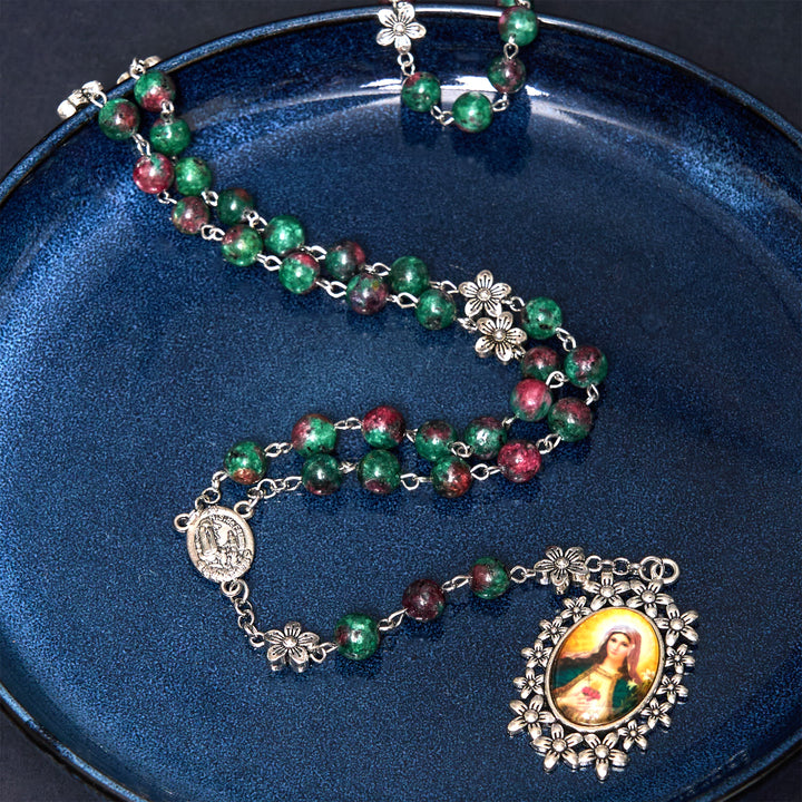 Christianartworkshop Our Lady of Fátima & Immaculate Heart of Mary of 8 mm Round Green Natural Stone Alloy Chain Rosary