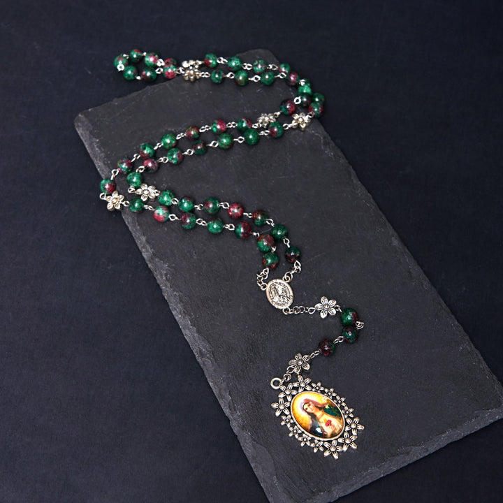 FREE Today: Our Lady of Fátima & Immaculate Heart of Mary of 8 mm Round Green Natural Stone Alloy Chain Rosary