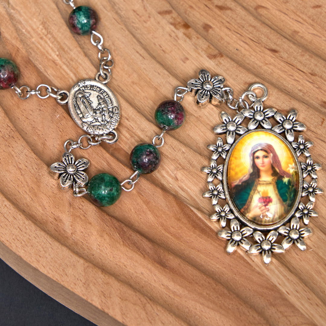 Christianartworkshop Our Lady of Fátima & Immaculate Heart of Mary of 8 mm Round Green Natural Stone Alloy Chain Rosary