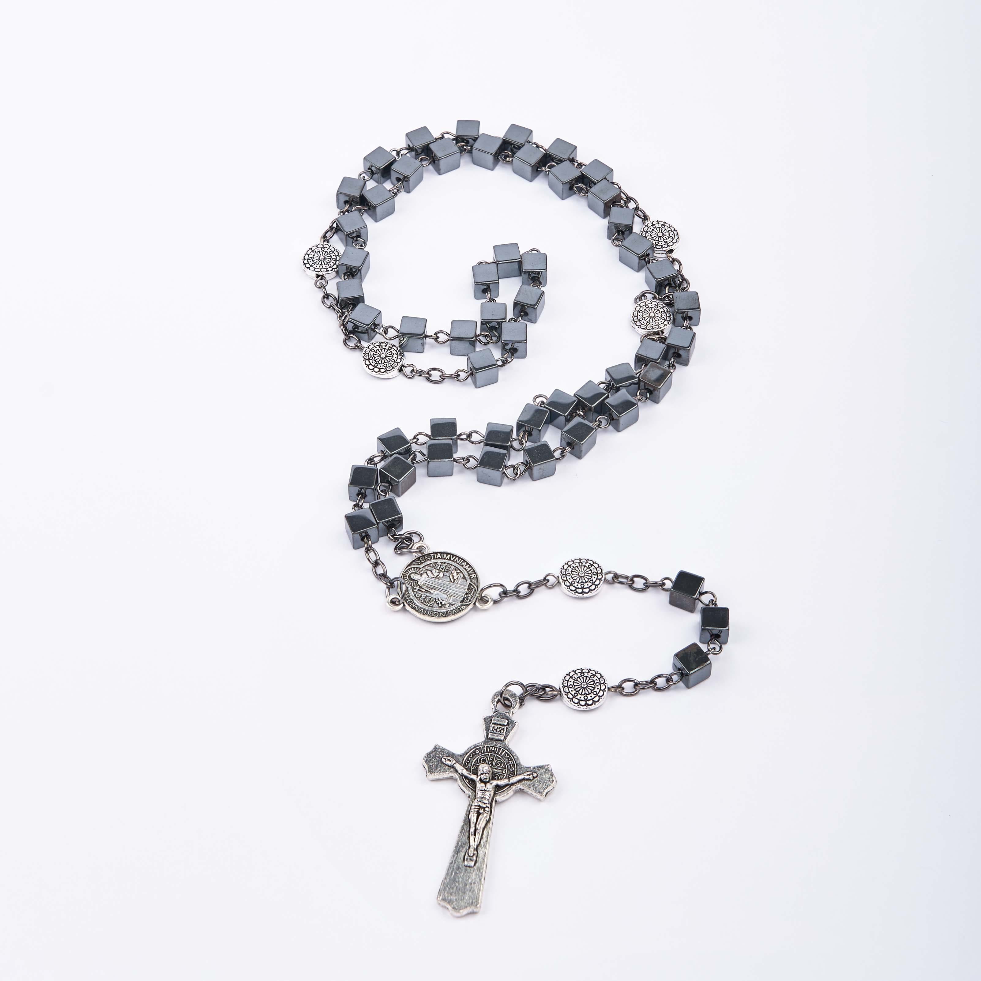 St. Benedict Medal & Crucifix Rosary — 6mm Square Black Gallstone