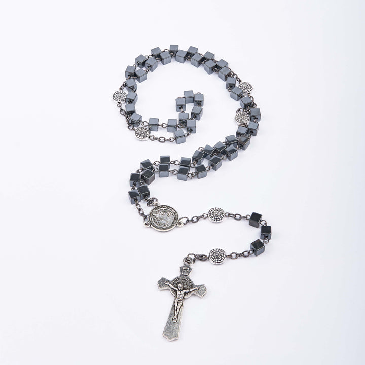 Christianartworkshop St. Benedict Medal & Crucifix of 6 mm Square Black Gallstone Alloy Chain Rosary