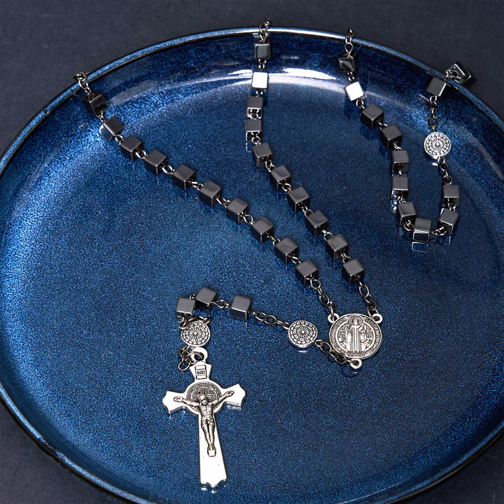 Christianartworkshop St. Benedict Medal & Crucifix of 6 mm Square Black Gallstone Alloy Chain Rosary