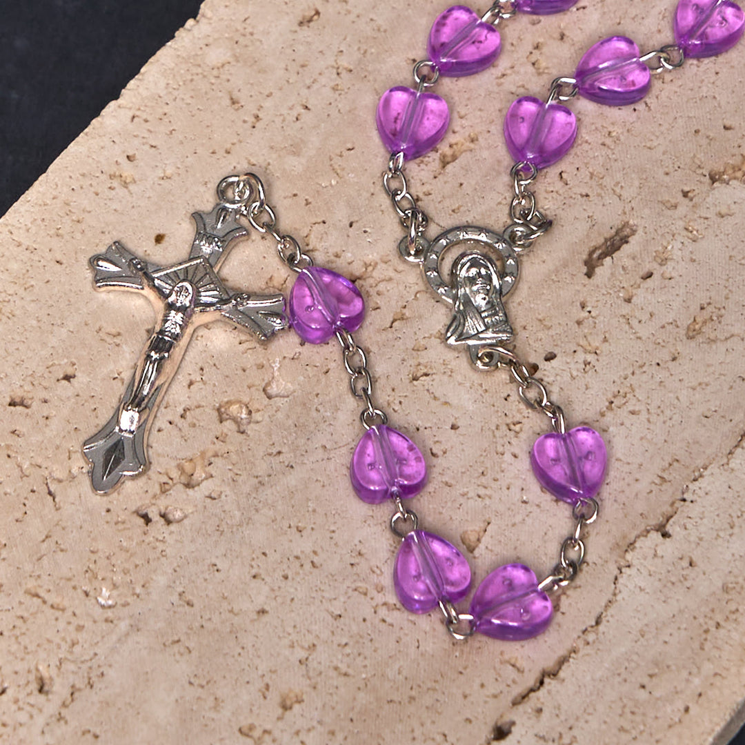 Christianartworkshop Our Lady of the Rosary & Crucifix of 8 mm Heart Purple Acrylic Alloy Chain Rosary