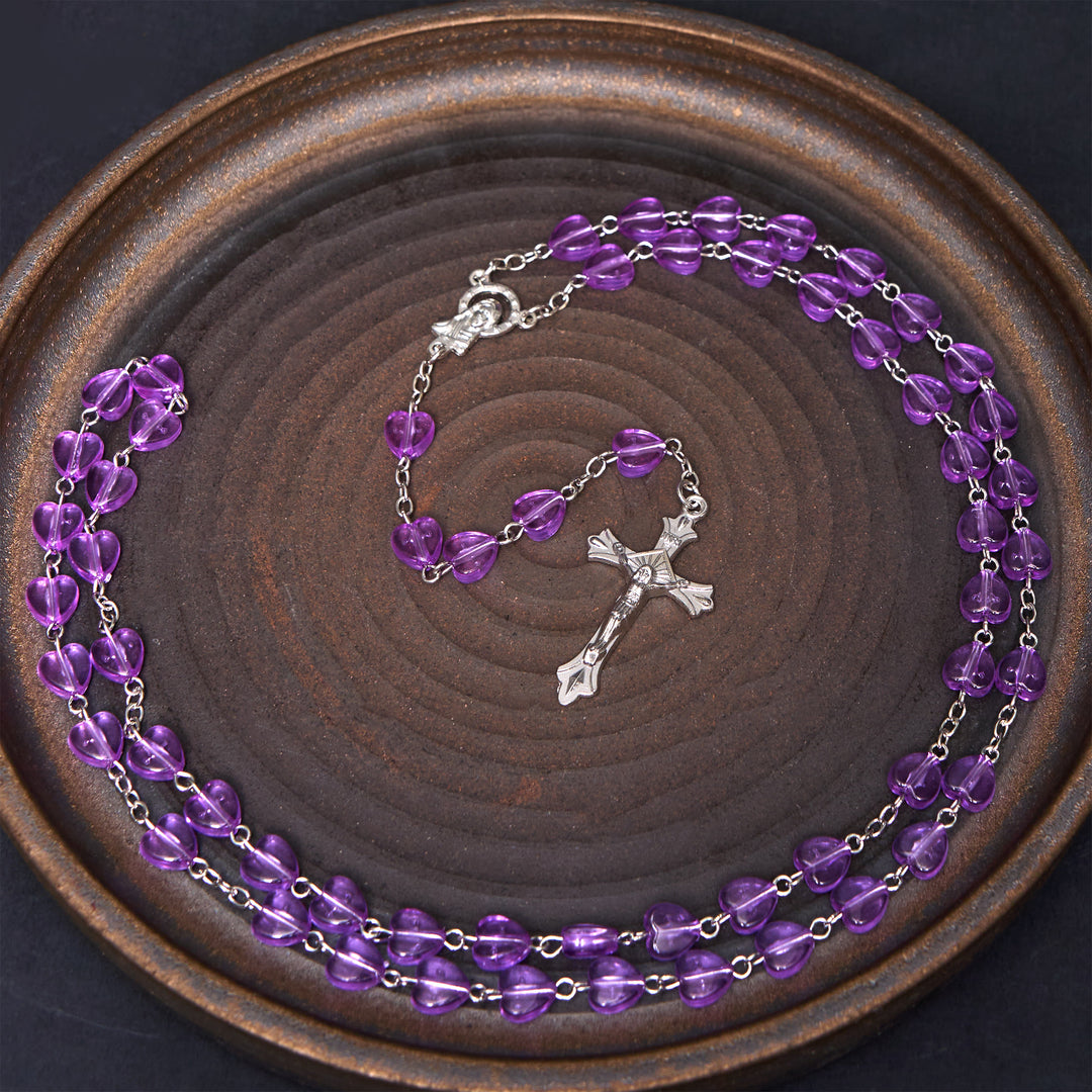 Christianartworkshop Our Lady of the Rosary & Crucifix of 8 mm Heart Purple Acrylic Alloy Chain Rosary