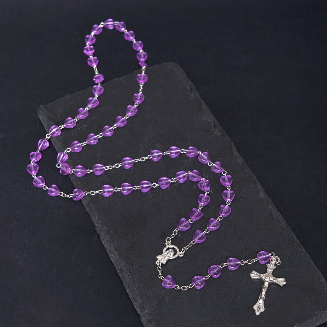 Christianartworkshop Our Lady of the Rosary & Crucifix of 8 mm Heart Purple Acrylic Alloy Chain Rosary