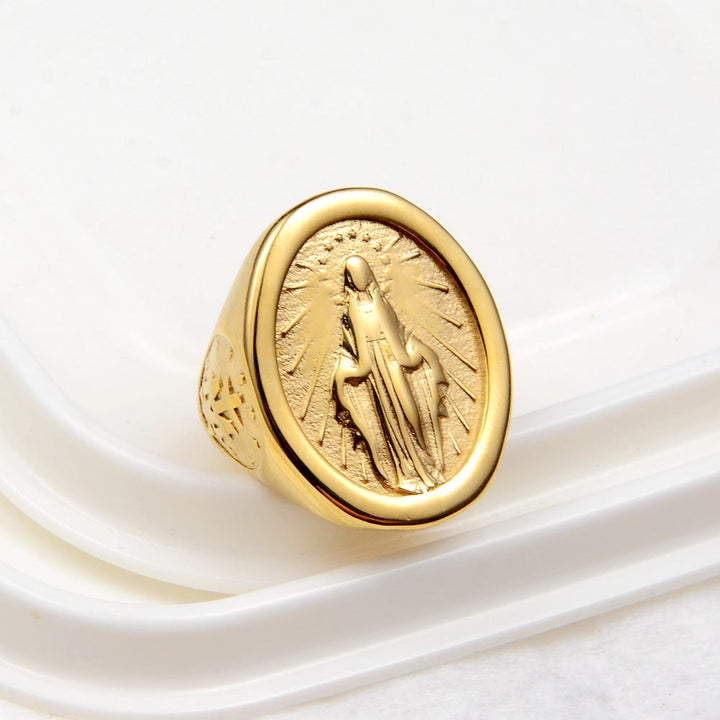 Christianartworkshop Classic Minimalist Style Virgin Mary Miraculous Medal Faith Connection Ring - image 1